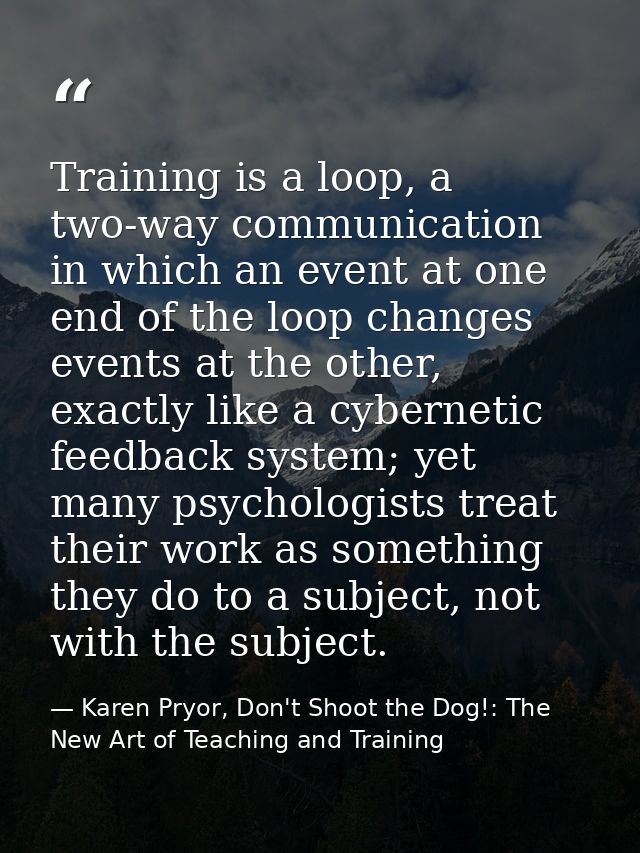 Training is a loop, a two-way communication in which an event at one end of the loop changes events at the other, exactl — Karen Pryor, Don't Shoot the Dog!: The New Art of Teaching and Training