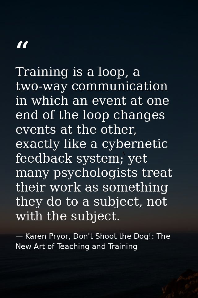 Training is a loop, a two-way communication in which an event at one end of the loop changes events at the other, exactl — Karen Pryor, Don't Shoot the Dog!: The New Art of Teaching and Training