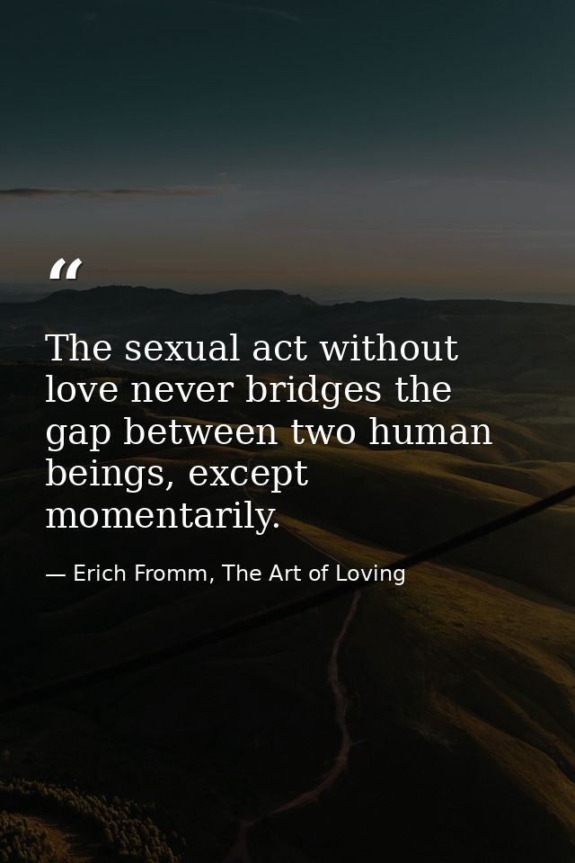 The sexual act without love never bridges the gap between two human beings, except momentarily. — Erich Fromm, The Art of Loving