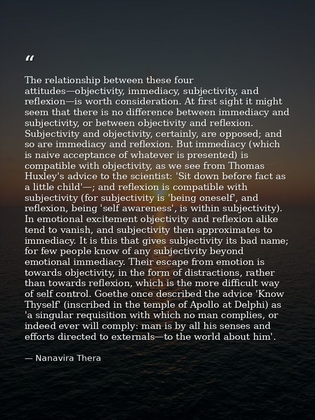 The relationship between these four attitudes—objectivity, immediacy, subjectivity, and reflexion—is worth consideration — Nanavira Thera