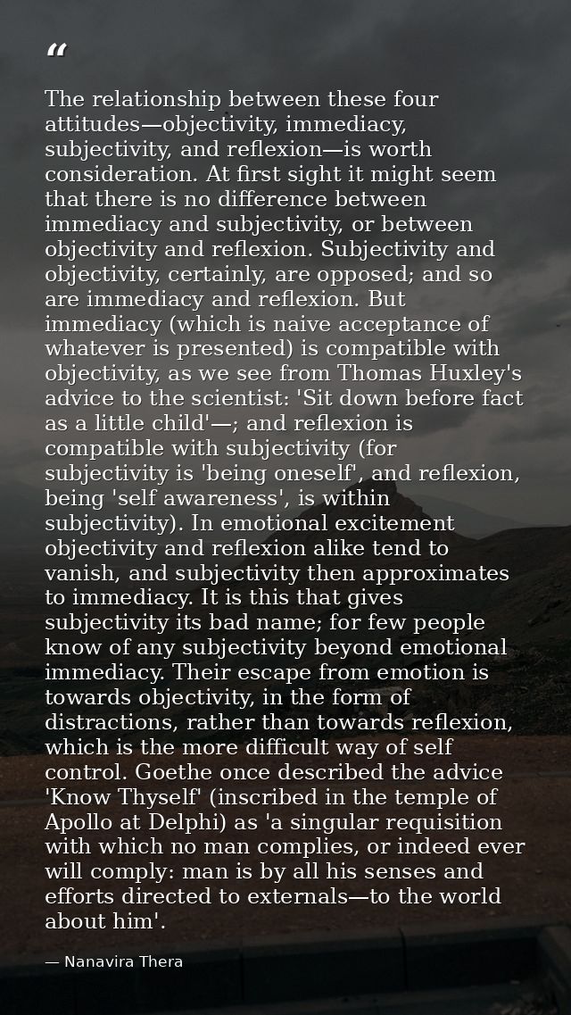 The relationship between these four attitudes—objectivity, immediacy, subjectivity, and reflexion—is worth consideration — Nanavira Thera