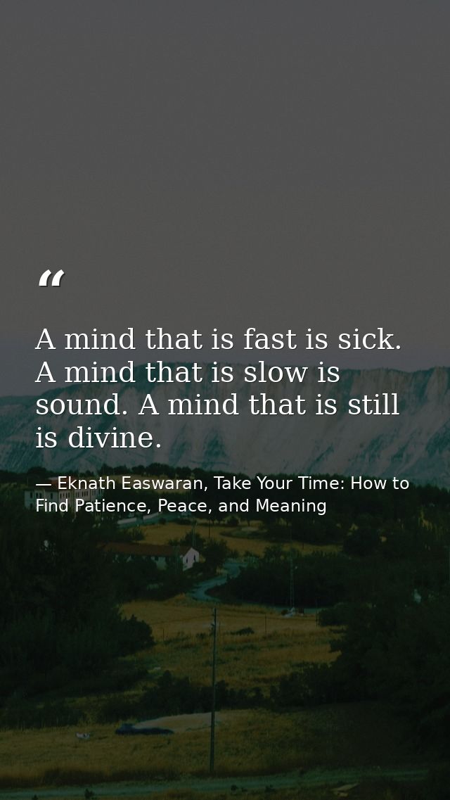 A mind that is fast is sick. A mind that is slow is sound. A mind that is still is divine. — Eknath Easwaran, Take Your Time: How to Find Patience, Peace, and Meaning