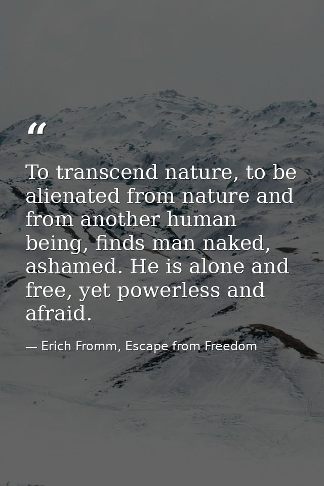 To transcend nature, to be alienated from nature and from another human being, finds man naked, ashamed. He is alone and — Erich Fromm, Escape from Freedom