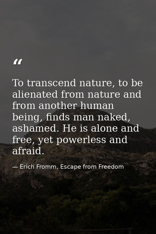 To transcend nature, to be alienated from nature and from another human being, finds man naked, ashamed. He is alone and — Erich Fromm, Escape from Freedom