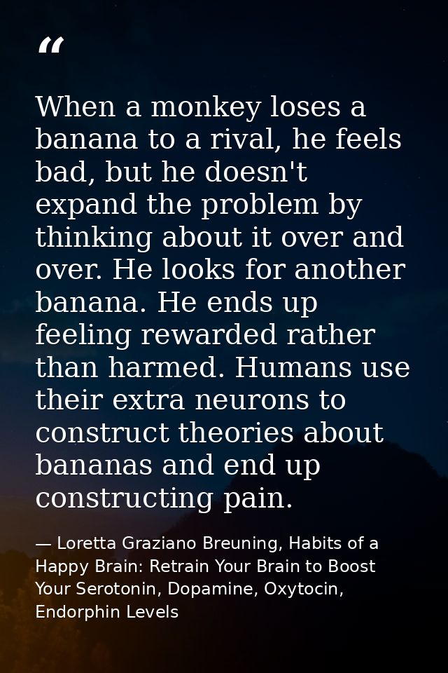 When a monkey loses a banana to a rival, he feels bad, but he doesn't expand the problem by thinking about it over and o — Loretta Graziano Breuning, Habits of a Happy Brain: Retrain Your Brain to Boost Your Serotonin, Dopamine, Oxytocin,  Endorphin Levels