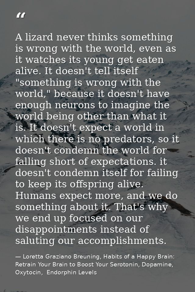 A lizard never thinks something is wrong with the world, even as it watches its young get eaten alive. It doesn't tell i — Loretta Graziano Breuning, Habits of a Happy Brain: Retrain Your Brain to Boost Your Serotonin, Dopamine, Oxytocin,  Endorphin Levels