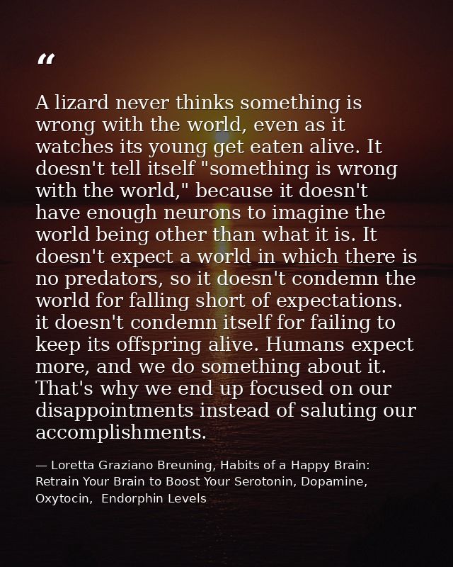 A lizard never thinks something is wrong with the world, even as it watches its young get eaten alive. It doesn't tell i — Loretta Graziano Breuning, Habits of a Happy Brain: Retrain Your Brain to Boost Your Serotonin, Dopamine, Oxytocin,  Endorphin Levels
