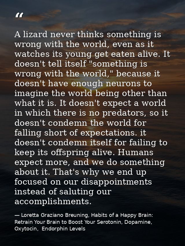 A lizard never thinks something is wrong with the world, even as it watches its young get eaten alive. It doesn't tell i — Loretta Graziano Breuning, Habits of a Happy Brain: Retrain Your Brain to Boost Your Serotonin, Dopamine, Oxytocin,  Endorphin Levels