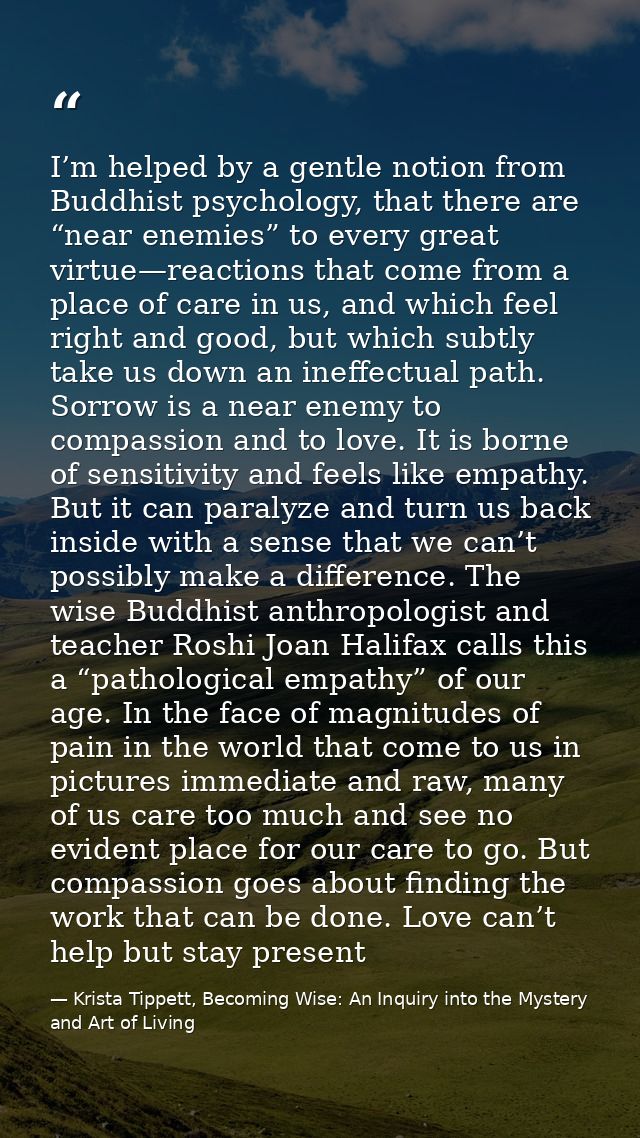 I’m helped by a gentle notion from Buddhist psychology, that there are “near enemies” to every great virtue—reactions th — Krista Tippett, Becoming Wise: An Inquiry into the Mystery and Art of Living