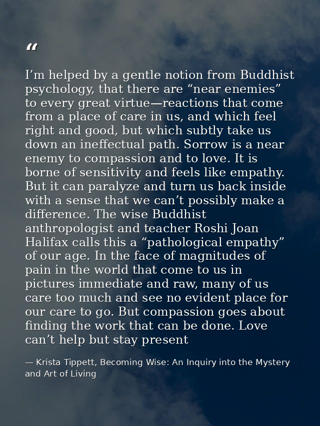 I’m helped by a gentle notion from Buddhist psychology, that there are “near enemies” to every great virtue—reactions th — Krista Tippett, Becoming Wise: An Inquiry into the Mystery and Art of Living