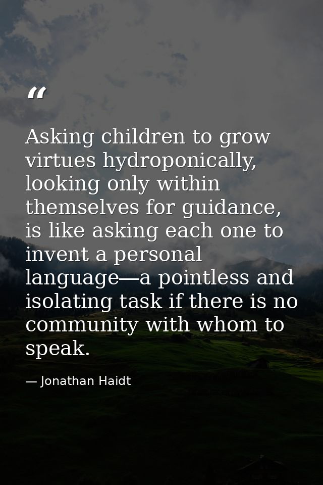 Asking children to grow virtues hydroponically, looking only within themselves for guidance, is like asking each one to  — Jonathan Haidt