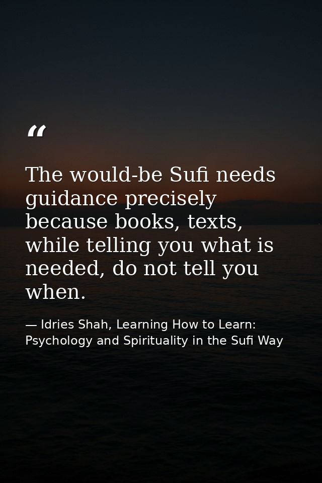 The would-be Sufi needs guidance precisely because books, texts, while telling you what is needed, do not tell you when. — Idries Shah, Learning How to Learn: Psychology and Spirituality in the Sufi Way