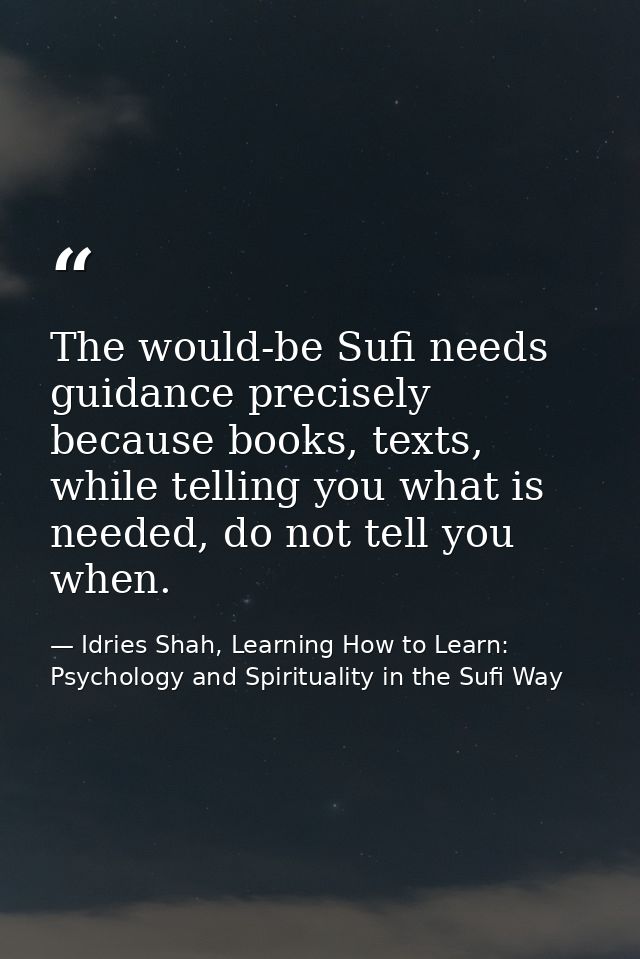 The would-be Sufi needs guidance precisely because books, texts, while telling you what is needed, do not tell you when. — Idries Shah, Learning How to Learn: Psychology and Spirituality in the Sufi Way