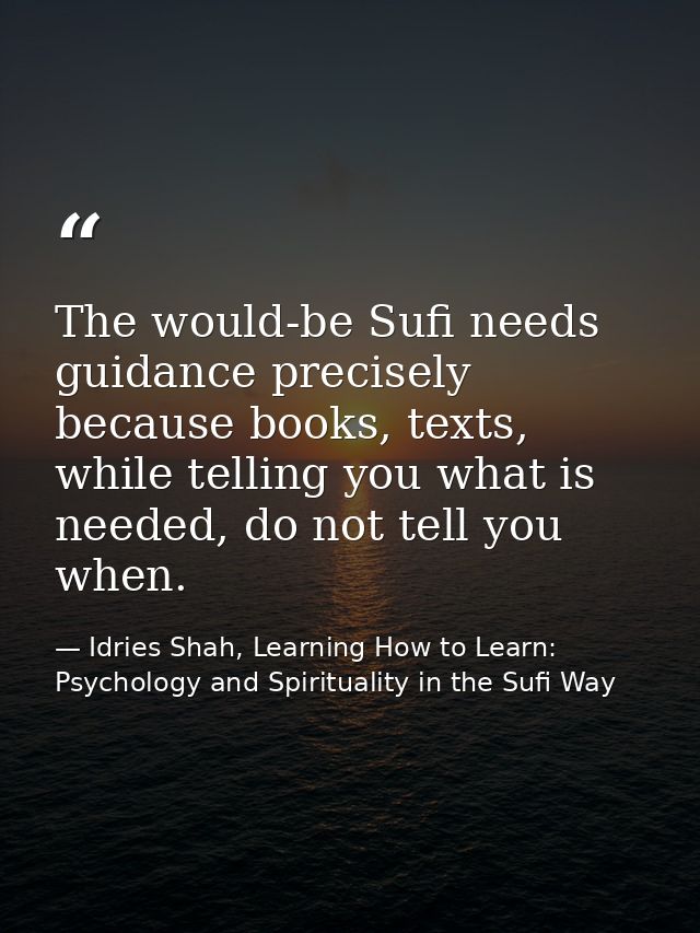 The would-be Sufi needs guidance precisely because books, texts, while telling you what is needed, do not tell you when. — Idries Shah, Learning How to Learn: Psychology and Spirituality in the Sufi Way