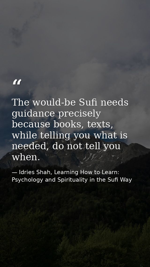 The would-be Sufi needs guidance precisely because books, texts, while telling you what is needed, do not tell you when. — Idries Shah, Learning How to Learn: Psychology and Spirituality in the Sufi Way