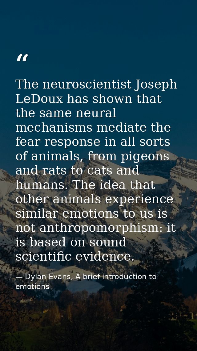 The neuroscientist Joseph LeDoux has shown that the same neural mechanisms mediate the fear response in all sorts of ani — Dylan Evans, A brief introduction to emotions