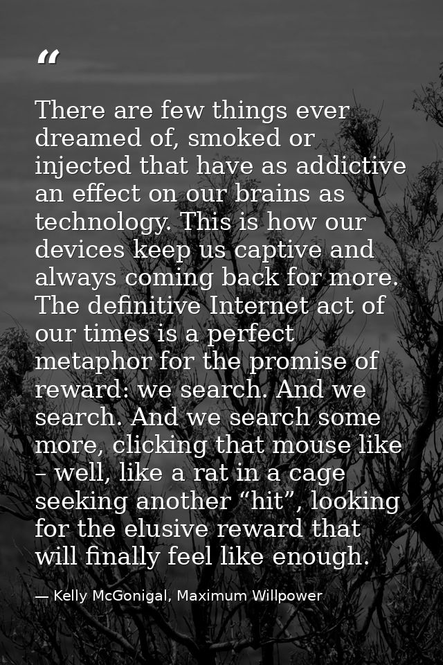 There are few things ever dreamed of, smoked or injected that have as addictive an effect on our brains as technology. T — Kelly McGonigal, Maximum Willpower