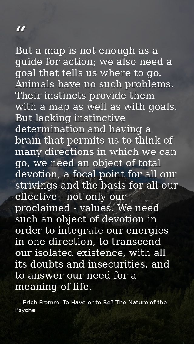 But a map is not enough as a guide for action; we also need a goal that tells us where to go. Animals have no such probl — Erich Fromm, To Have or to Be? The Nature of the Psyche
