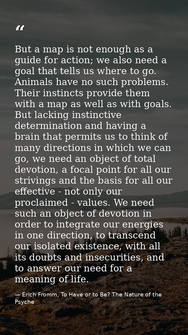 But a map is not enough as a guide for action; we also need a goal that tells us where to go. Animals have no such probl — Erich Fromm, To Have or to Be? The Nature of the Psyche
