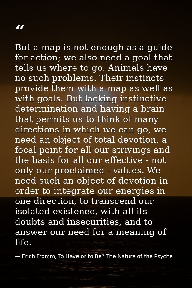 But a map is not enough as a guide for action; we also need a goal that tells us where to go. Animals have no such probl — Erich Fromm, To Have or to Be? The Nature of the Psyche