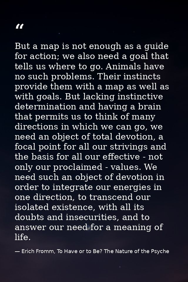But a map is not enough as a guide for action; we also need a goal that tells us where to go. Animals have no such probl — Erich Fromm, To Have or to Be? The Nature of the Psyche