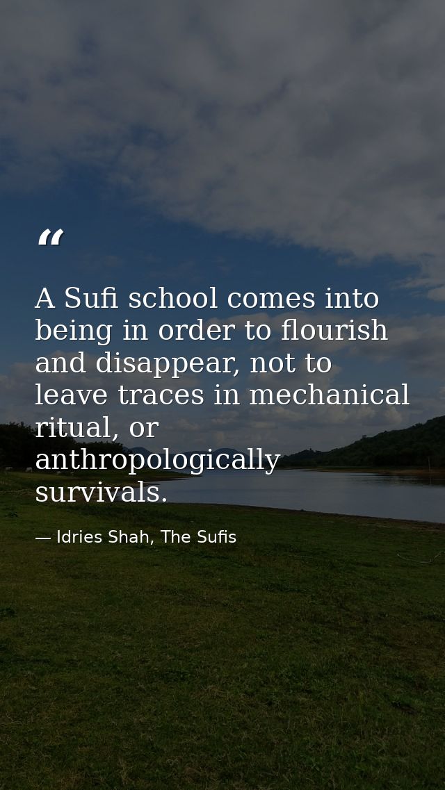 A Sufi school comes into being in order to flourish and disappear, not to leave traces in mechanical ritual, or anthropo — Idries Shah, The Sufis