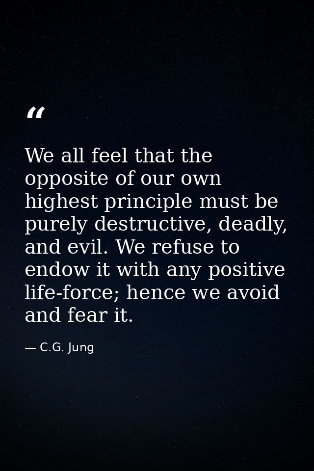 We all feel that the opposite of our own highest principle must be purely destructive, deadly, and evil. We refuse to en — C.G. Jung