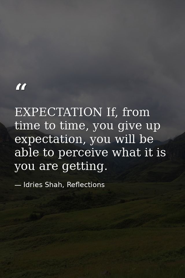 EXPECTATION If, from time to time, you give up expectation, you will be able to perceive what it is you are getting. — Idries Shah, Reflections