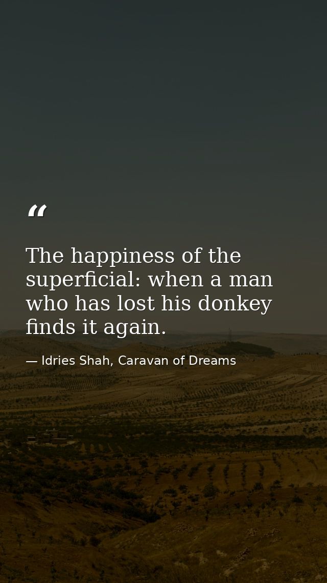 The happiness of the superficial: when a man who has lost his donkey finds it again. — Idries Shah, Caravan of Dreams