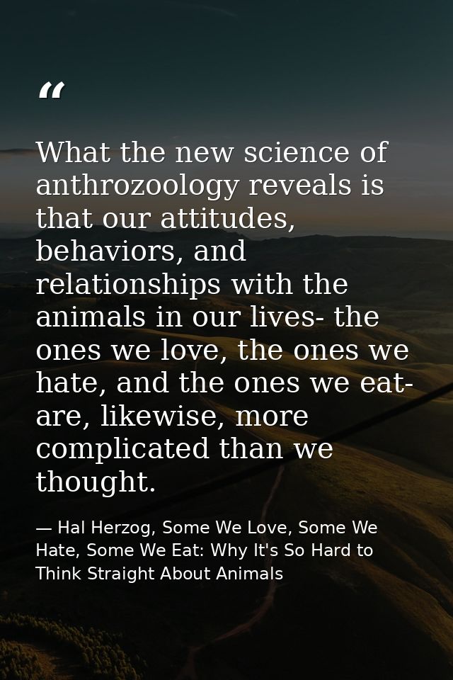 What the new science of anthrozoology reveals is that our attitudes, behaviors, and relationships with the animals in ou — Hal Herzog, Some We Love, Some We Hate, Some We Eat: Why It's So Hard to Think Straight About Animals