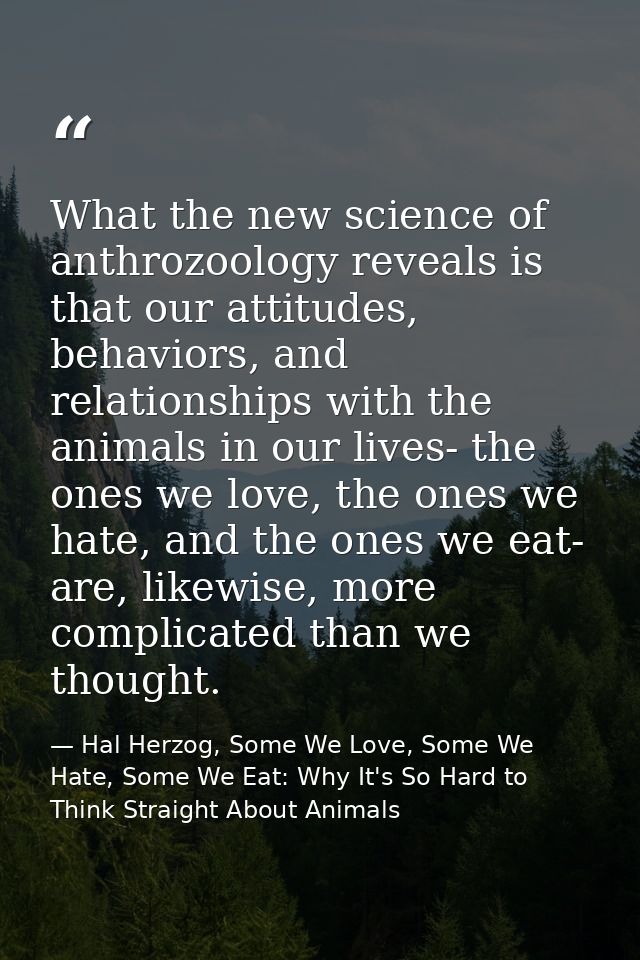 What the new science of anthrozoology reveals is that our attitudes, behaviors, and relationships with the animals in ou — Hal Herzog, Some We Love, Some We Hate, Some We Eat: Why It's So Hard to Think Straight About Animals
