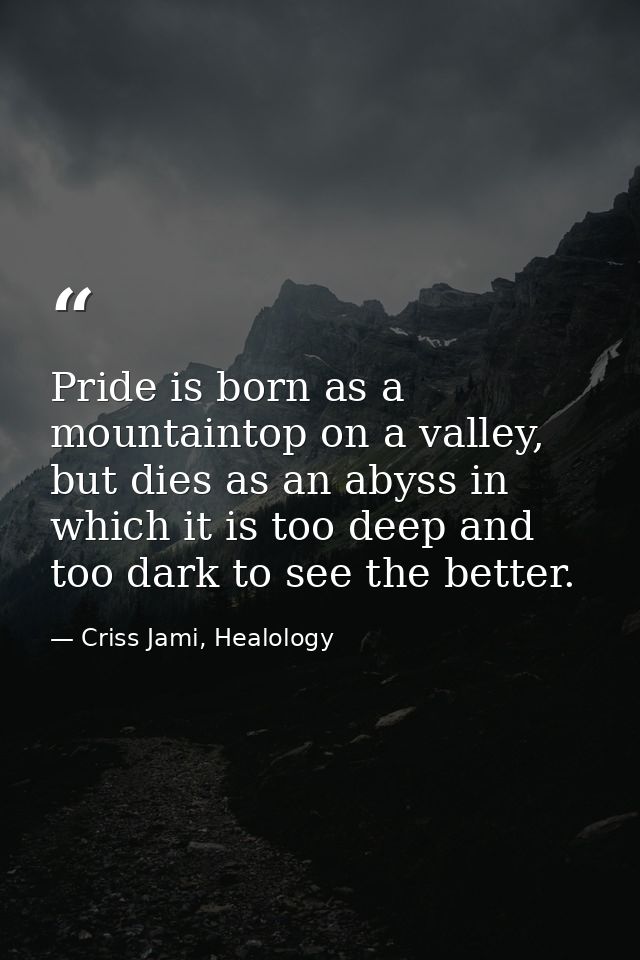 Pride is born as a mountaintop on a valley, but dies as an abyss in which it is too deep and too dark to see the better. — Criss Jami, Healology