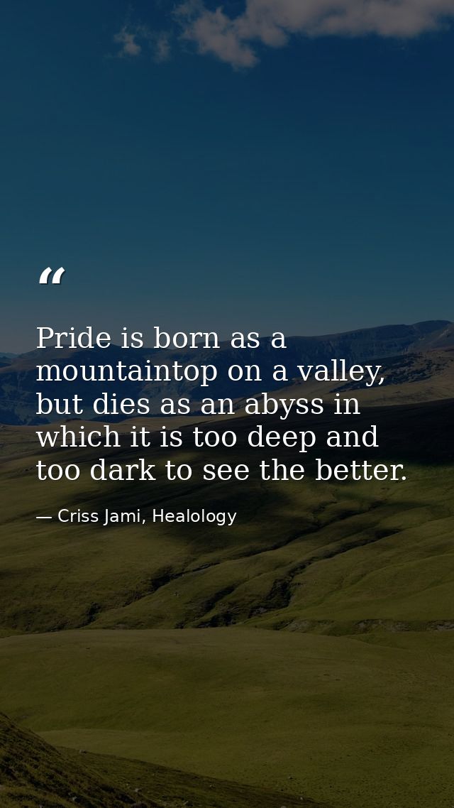 Pride is born as a mountaintop on a valley, but dies as an abyss in which it is too deep and too dark to see the better. — Criss Jami, Healology