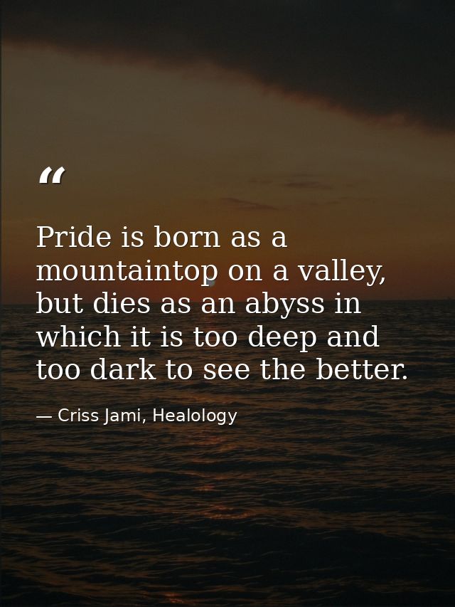 Pride is born as a mountaintop on a valley, but dies as an abyss in which it is too deep and too dark to see the better. — Criss Jami, Healology