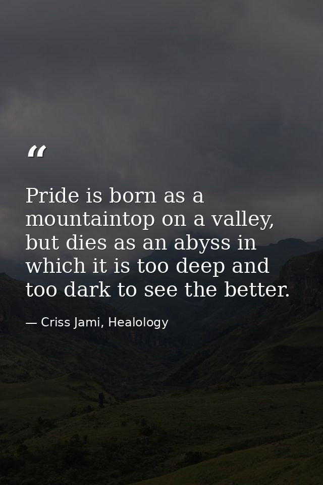 Pride is born as a mountaintop on a valley, but dies as an abyss in which it is too deep and too dark to see the better. — Criss Jami, Healology