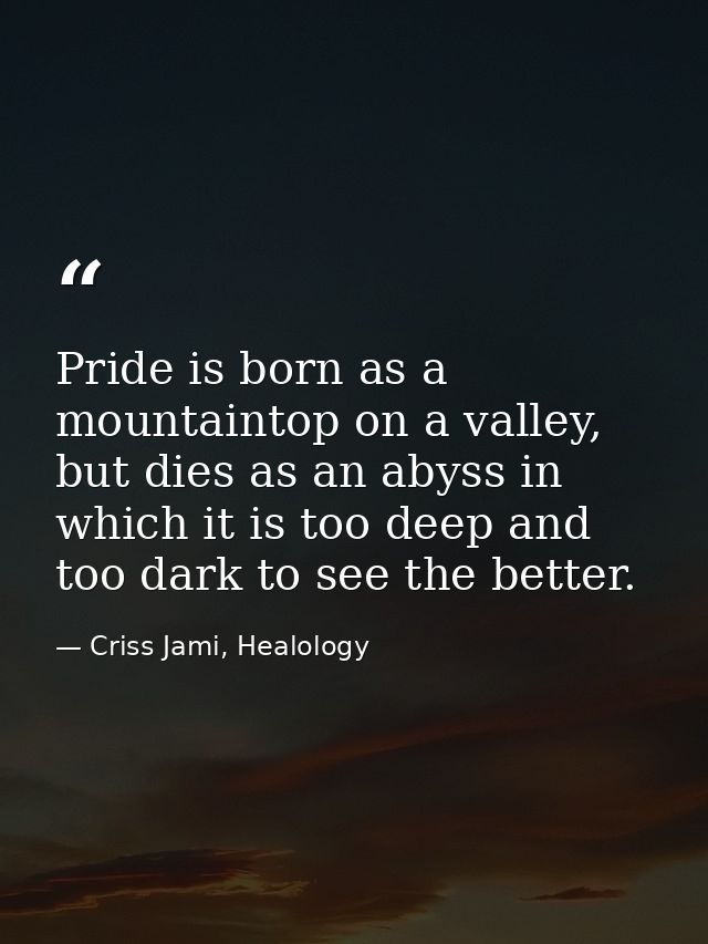 Pride is born as a mountaintop on a valley, but dies as an abyss in which it is too deep and too dark to see the better. — Criss Jami, Healology