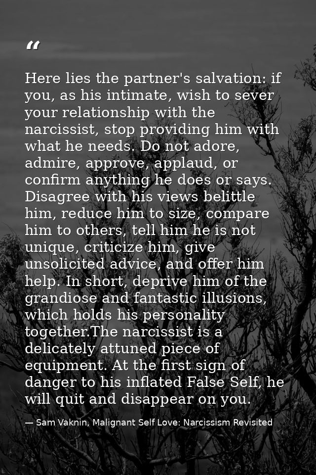 Here lies the partner's salvation: if you, as his intimate, wish to sever your relationship with the narcissist, stop pr — Sam Vaknin, Malignant Self Love: Narcissism Revisited