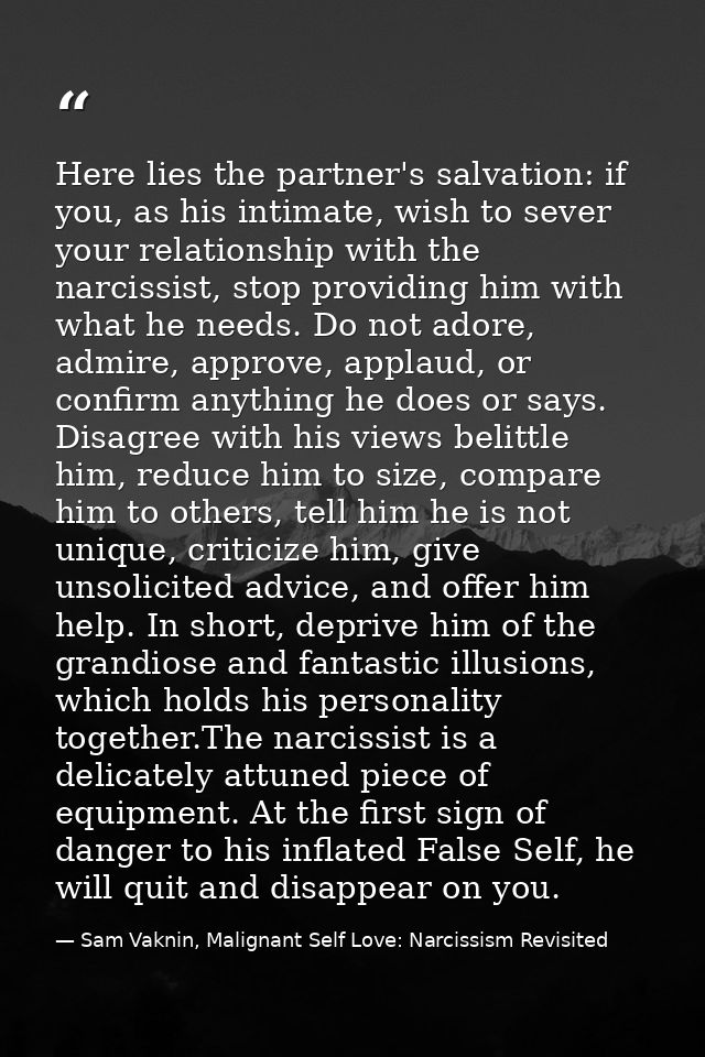 Here lies the partner's salvation: if you, as his intimate, wish to sever your relationship with the narcissist, stop pr — Sam Vaknin, Malignant Self Love: Narcissism Revisited
