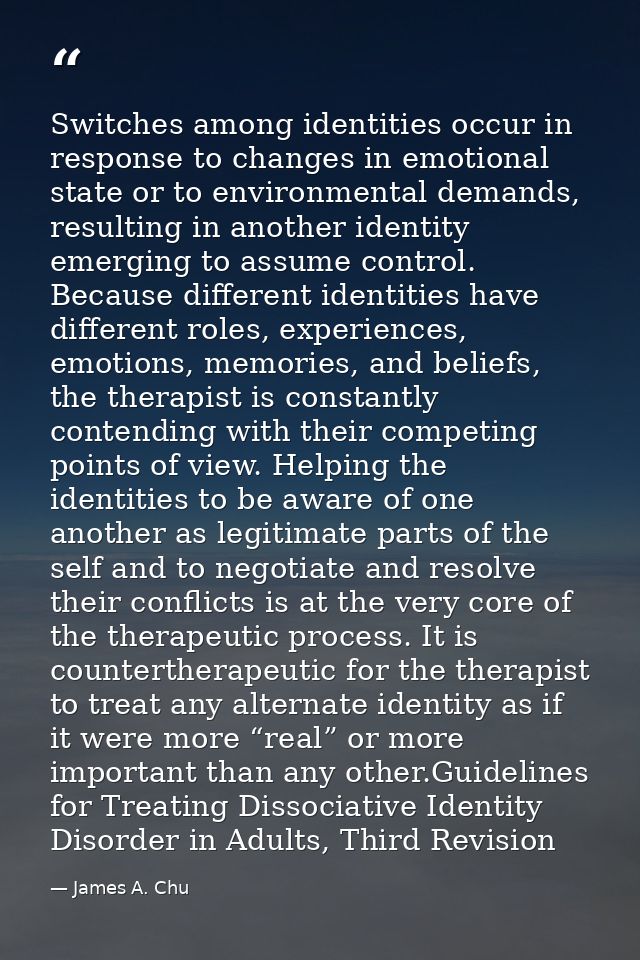 Switches among identities occur in response to changes in emotional state or to environmental demands, resulting in anot — James A. Chu