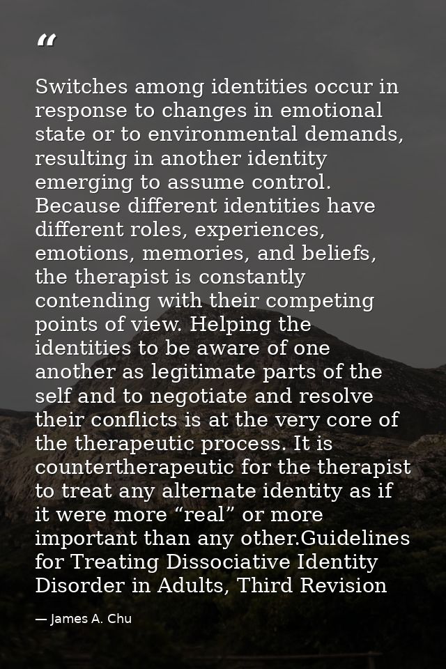 Switches among identities occur in response to changes in emotional state or to environmental demands, resulting in anot — James A. Chu