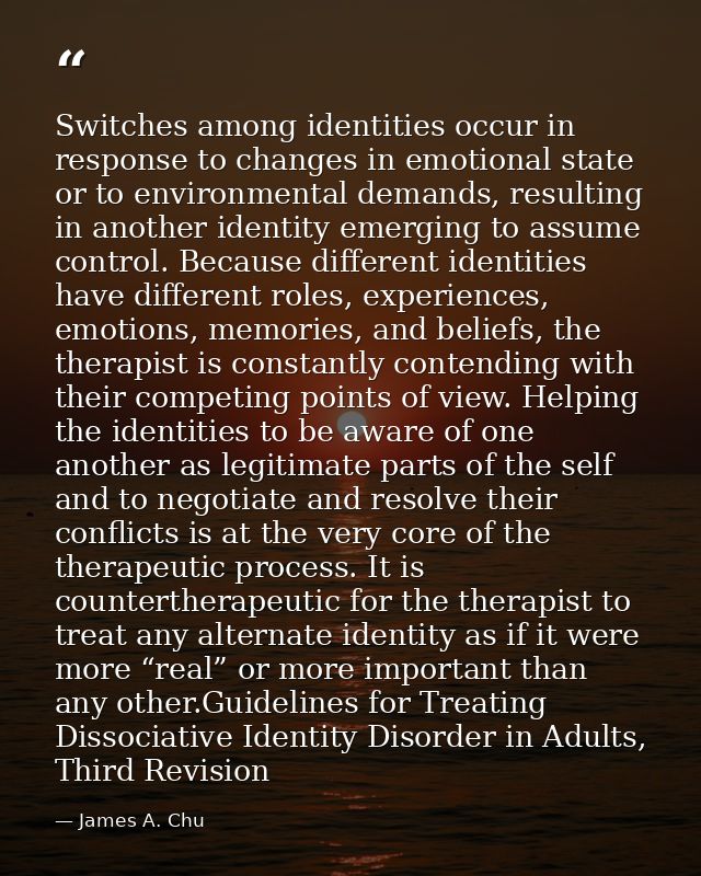 Switches among identities occur in response to changes in emotional state or to environmental demands, resulting in anot — James A. Chu