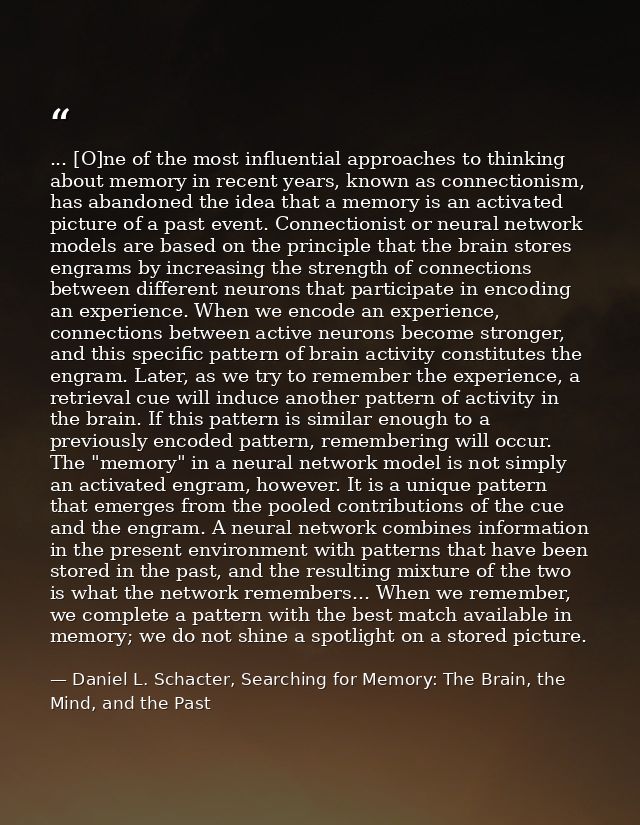 ... [O]ne of the most influential approaches to thinking about memory in recent years, known as connectionism, has aband — Daniel L. Schacter, Searching for Memory: The Brain, the Mind, and the Past