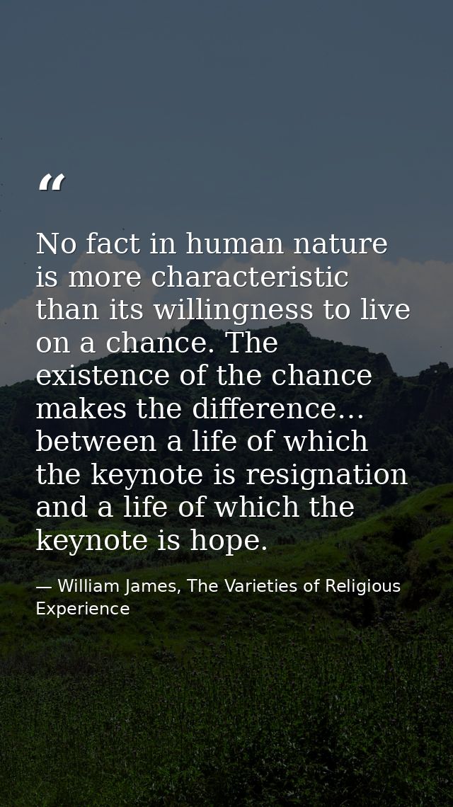No fact in human nature is more characteristic than its willingness to live on a chance. The existence of the chance mak — William James, The Varieties of Religious Experience