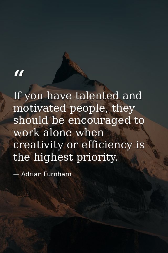 If you have talented and motivated people, they should be encouraged to work alone when creativity or efficiency is the  — Adrian Furnham