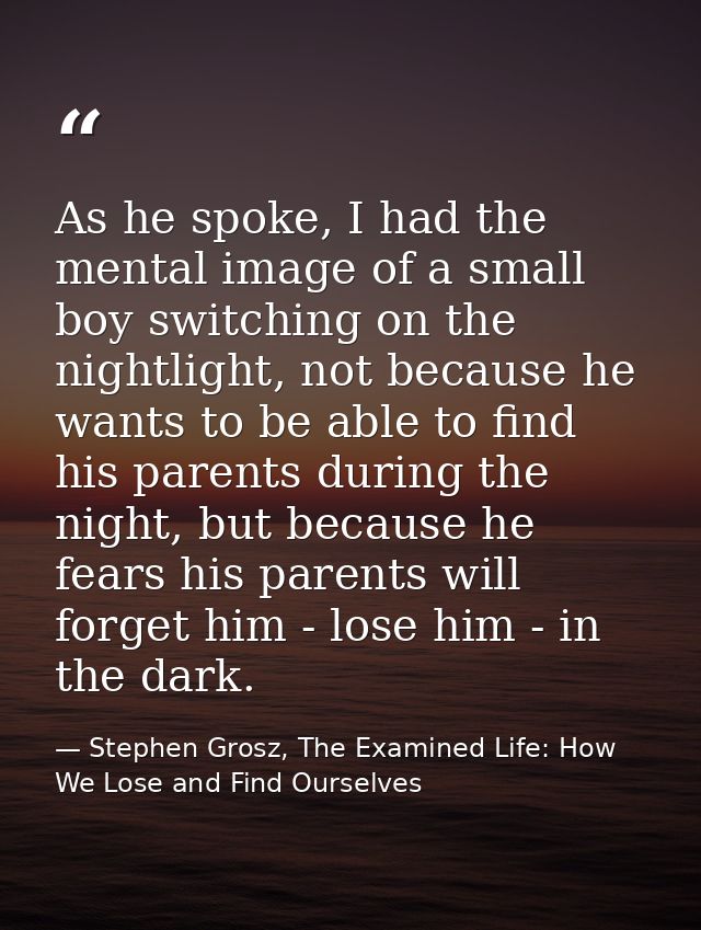 As he spoke, I had the mental image of a small boy switching on the nightlight, not because he wants to be able to find  — Stephen Grosz, The Examined Life: How We Lose and Find Ourselves