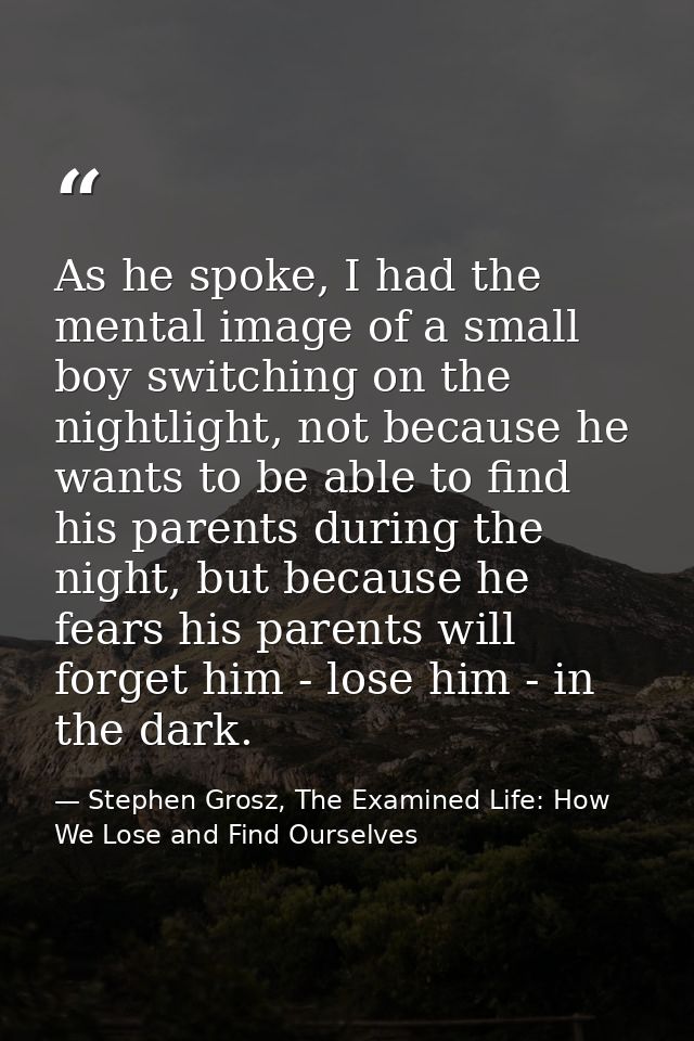 As he spoke, I had the mental image of a small boy switching on the nightlight, not because he wants to be able to find  — Stephen Grosz, The Examined Life: How We Lose and Find Ourselves