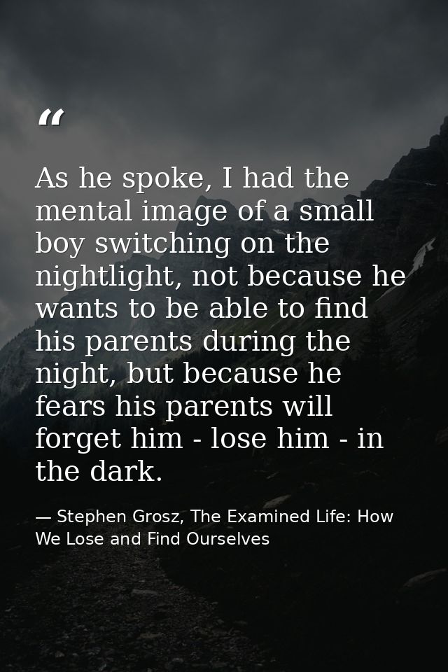 As he spoke, I had the mental image of a small boy switching on the nightlight, not because he wants to be able to find  — Stephen Grosz, The Examined Life: How We Lose and Find Ourselves