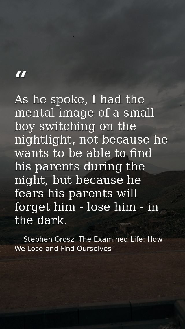 As he spoke, I had the mental image of a small boy switching on the nightlight, not because he wants to be able to find  — Stephen Grosz, The Examined Life: How We Lose and Find Ourselves