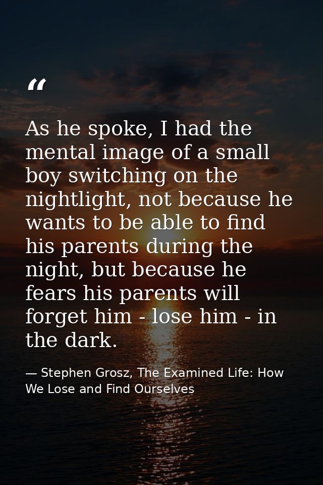 As he spoke, I had the mental image of a small boy switching on the nightlight, not because he wants to be able to find  — Stephen Grosz, The Examined Life: How We Lose and Find Ourselves