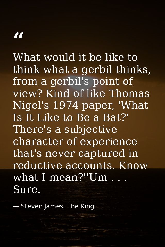 What would it be like to think what a gerbil thinks, from a gerbil's point of view? Kind of like Thomas Nigel's 1974 pap — Steven James, The King